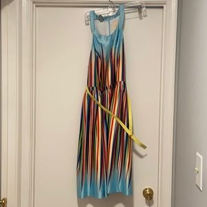 Multicolor dress with yellow belt